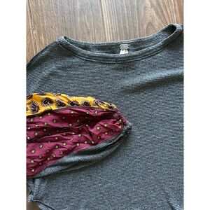 We The Free People SM Gray Blossom Thermal Top Patchwork Pullover Boho Oversized